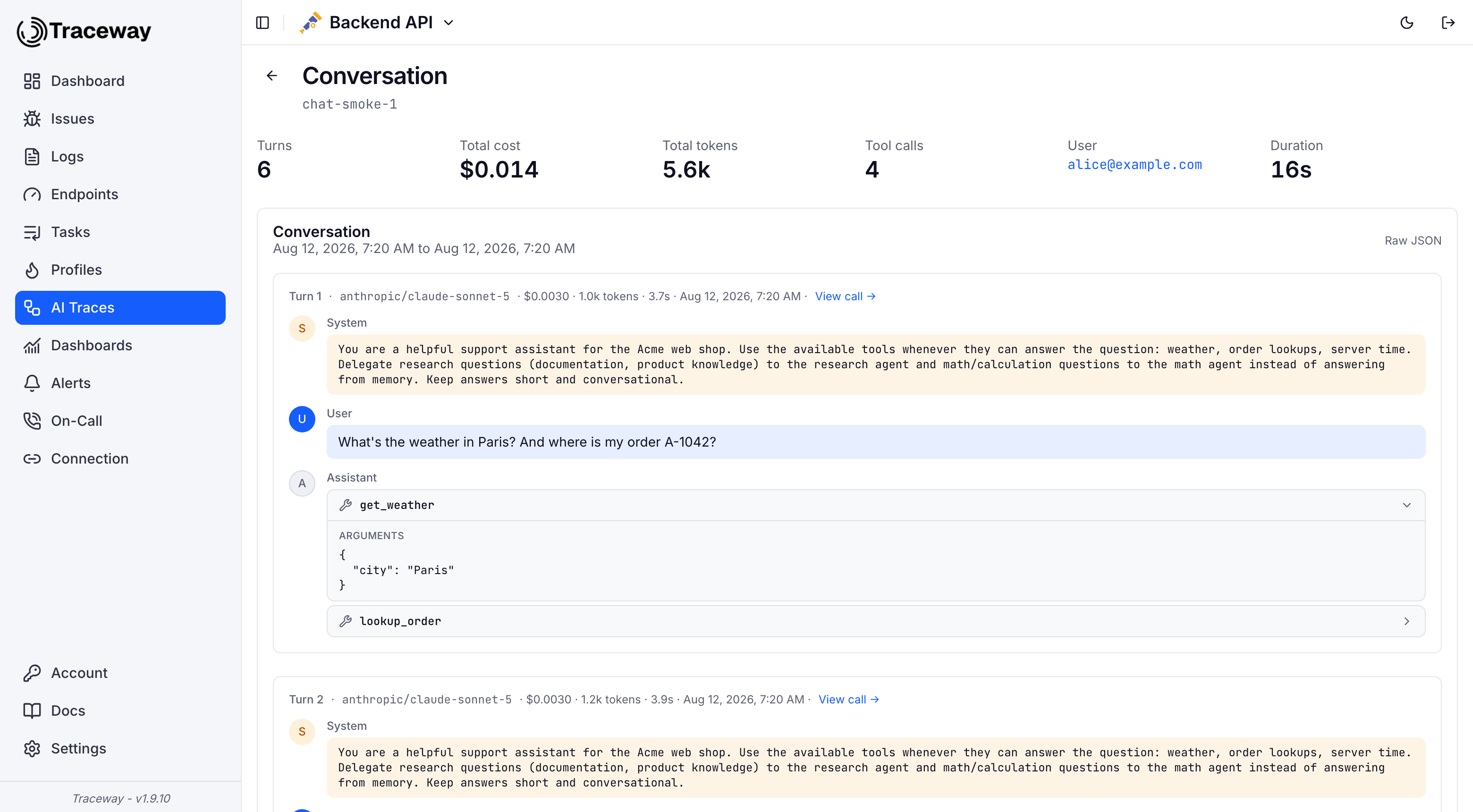 Conversation detail with the chat timeline and expanded tool call