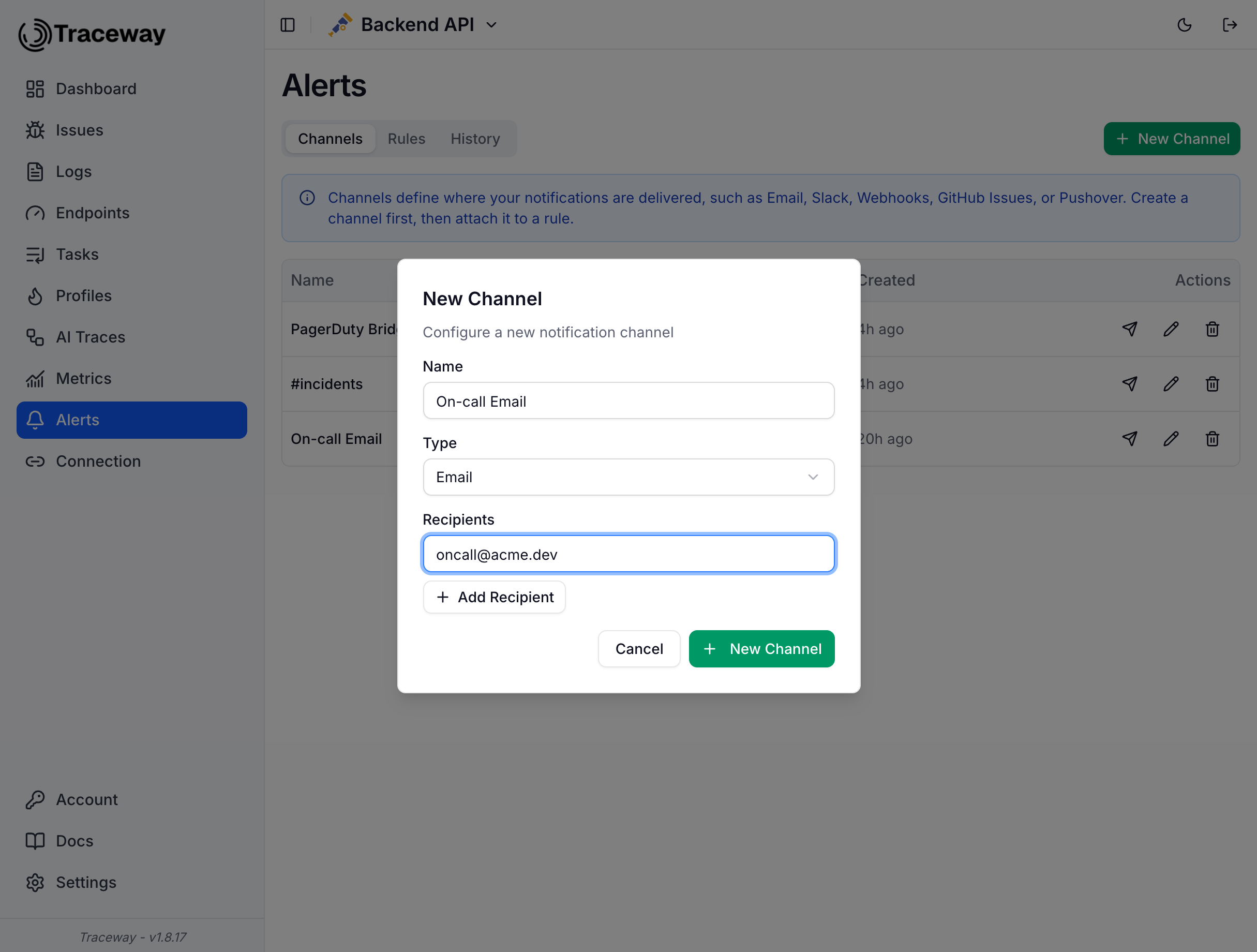 Email channel configuration dialog