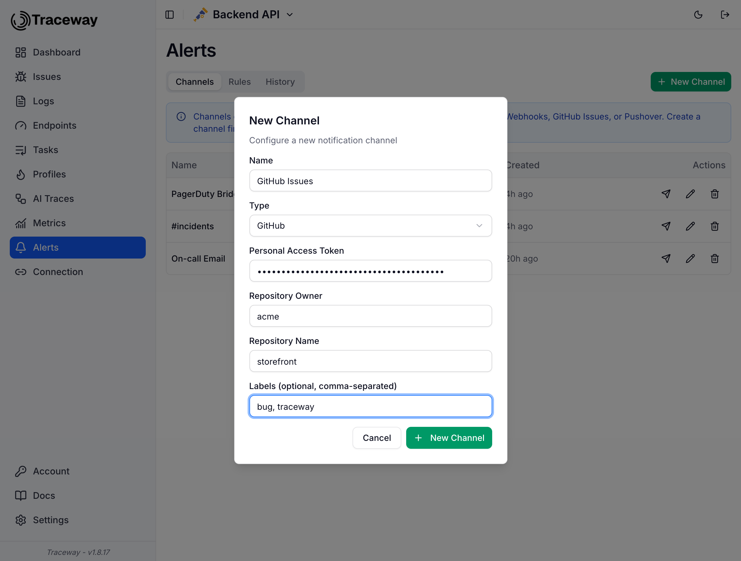 GitHub channel configuration dialog