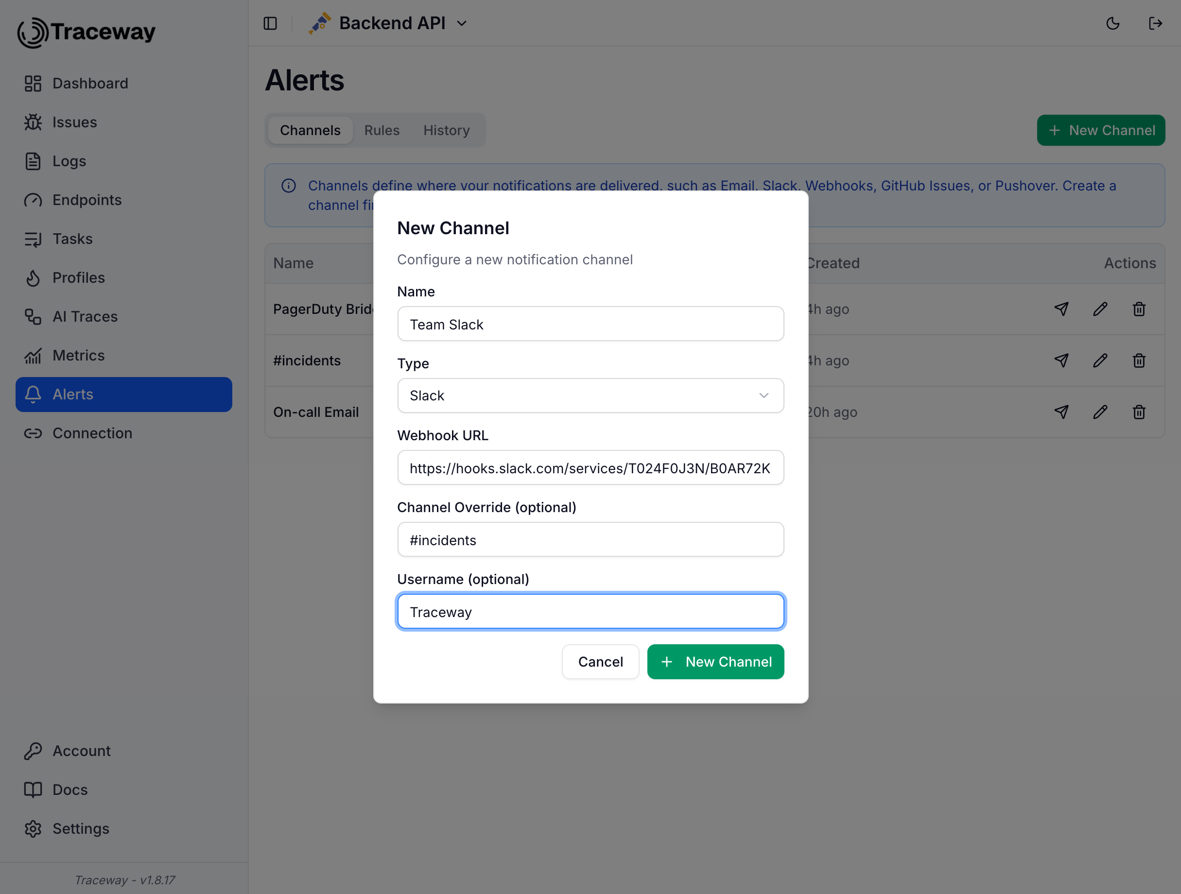 Slack channel configuration dialog