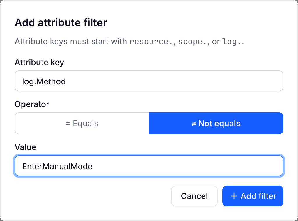 Attribute filter dialog with the Not equals operator selected