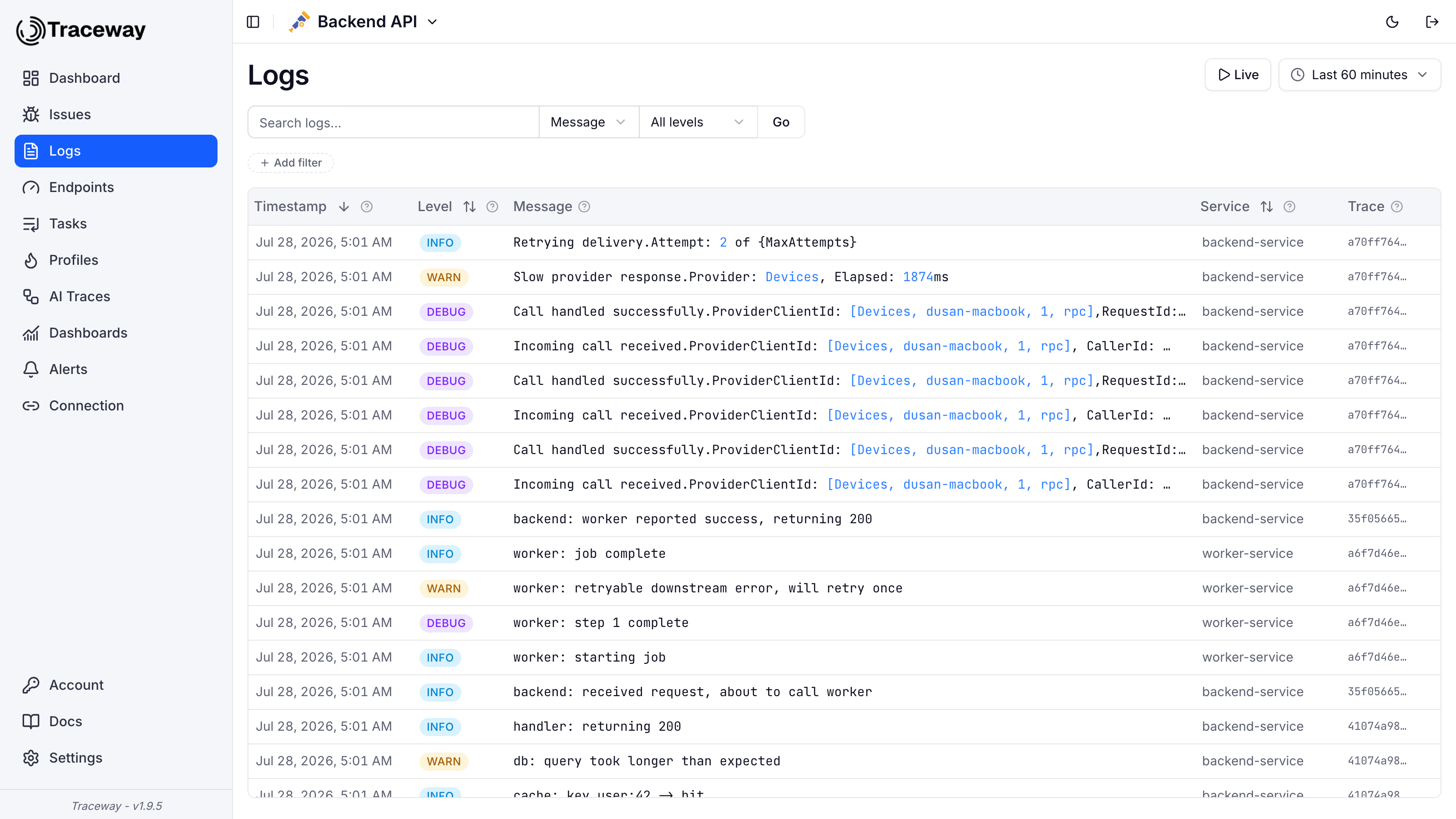 The Logs page