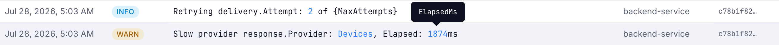 A templated log message with the parameter name shown in a tooltip