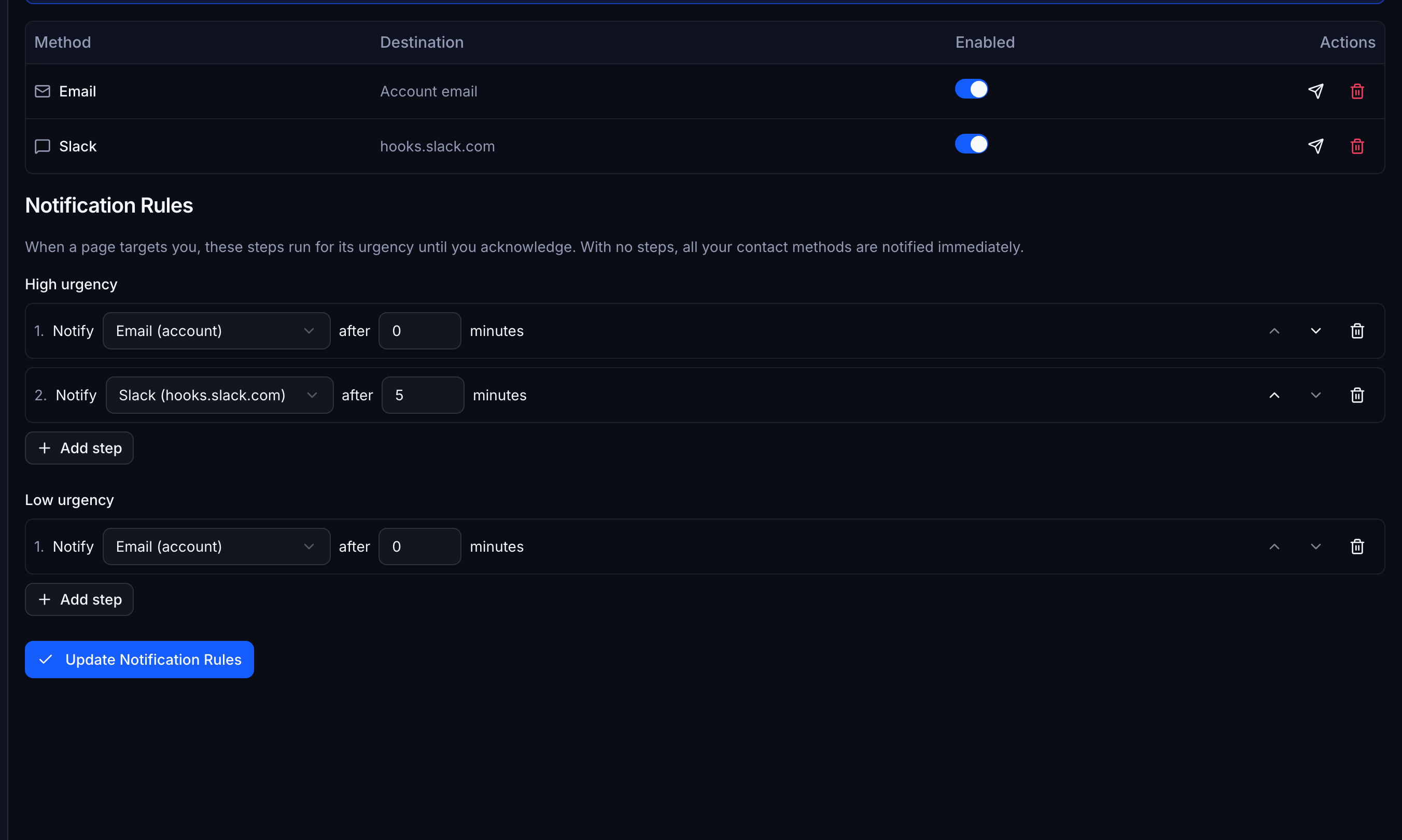 Contact methods and notification rules on the account page