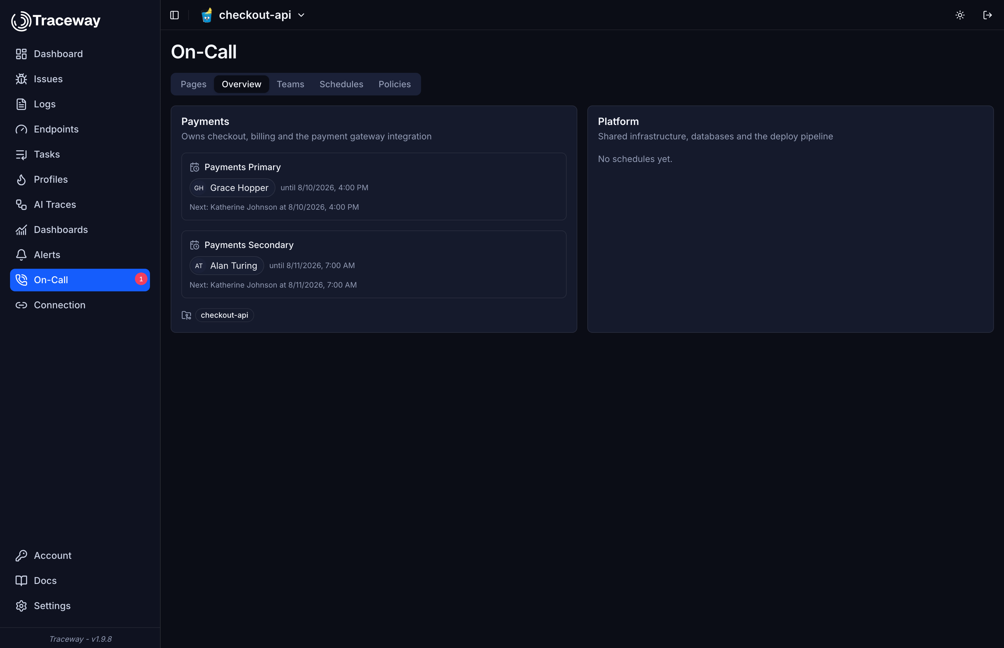 The overview tab showing current and next on-call