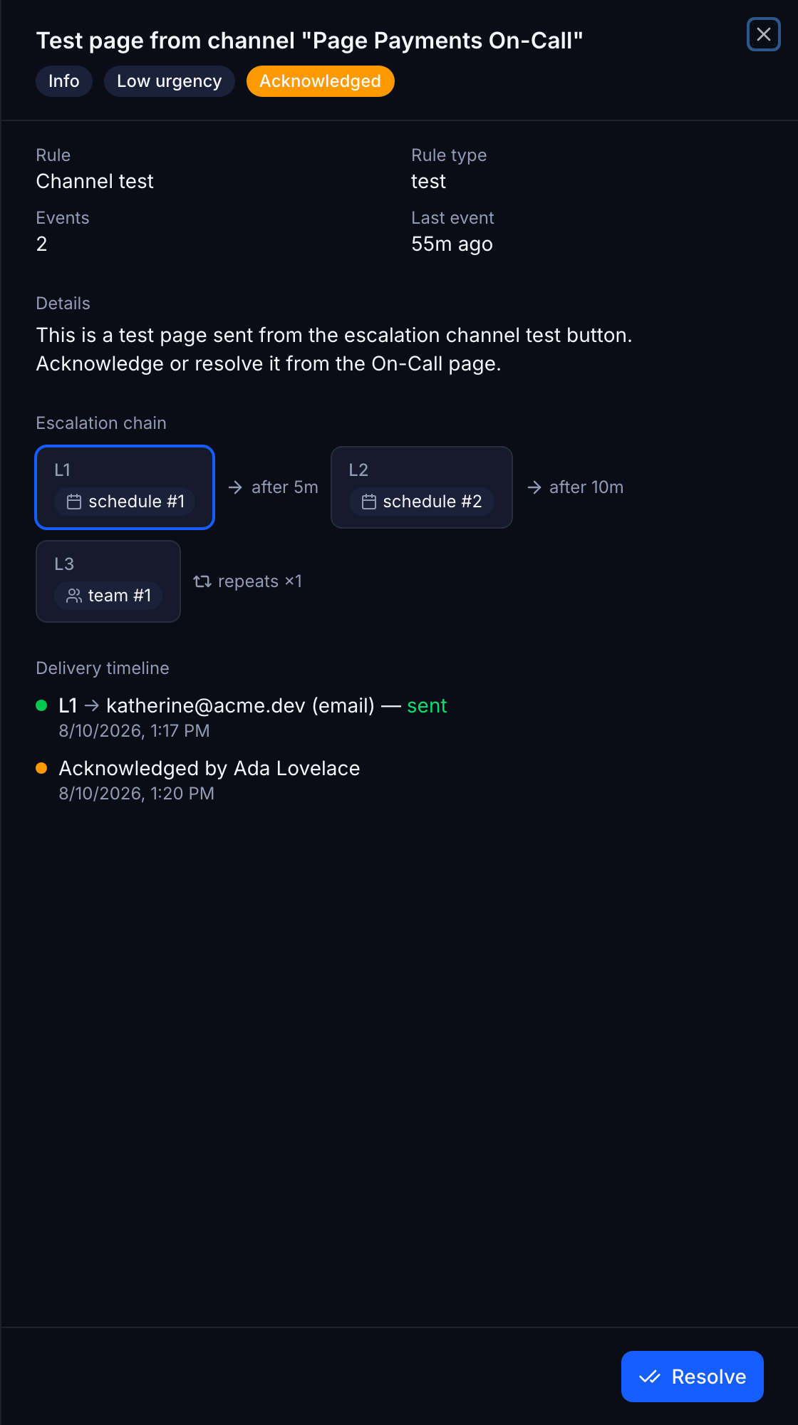 Page detail with the escalation chain and delivery log