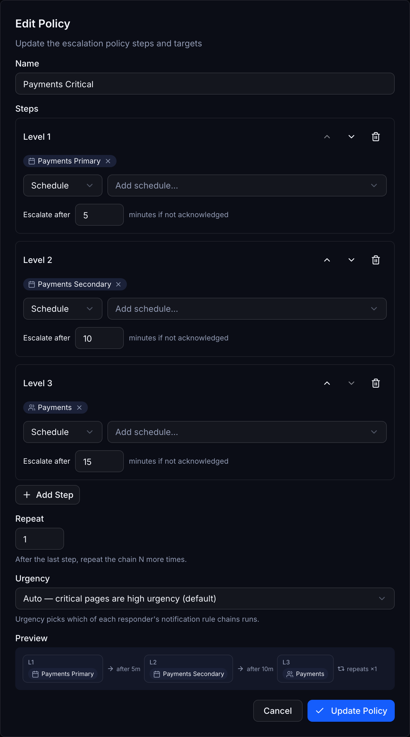 The policy dialog with a three level chain