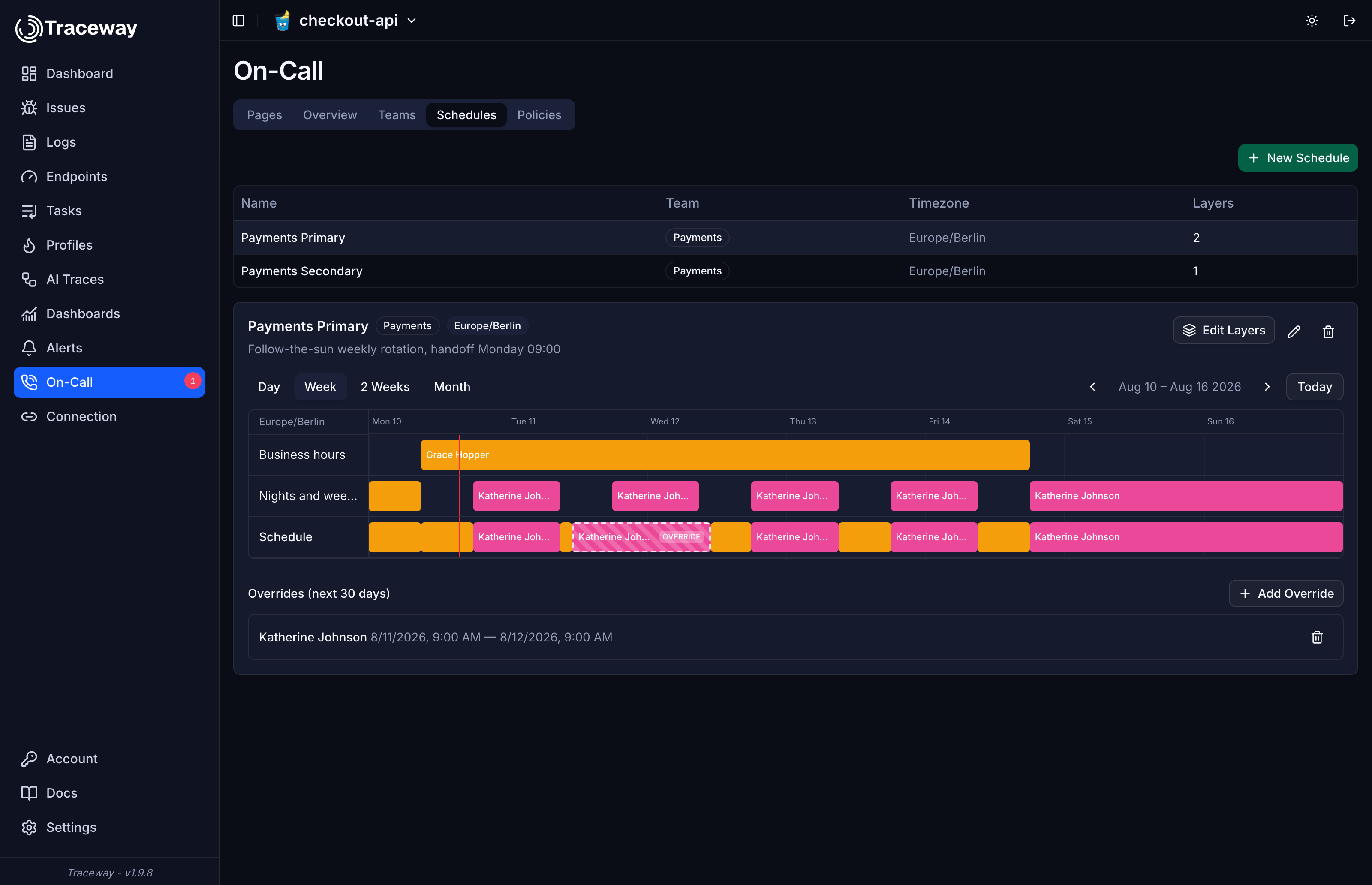A schedule with its timeline and override list