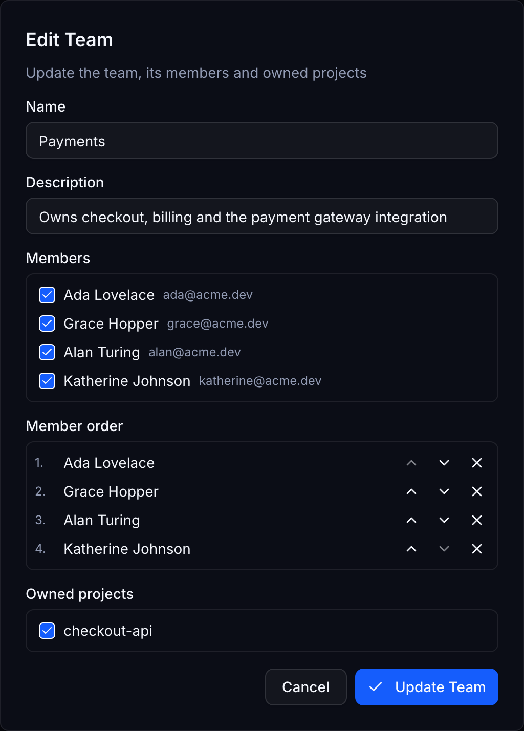 The team dialog with members and projects
