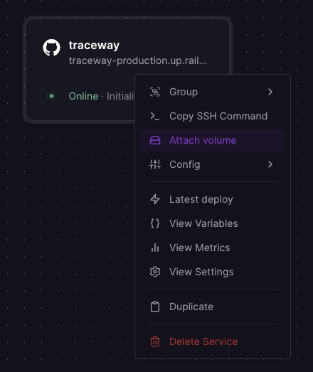 Railway service context menu with Attach volume highlighted